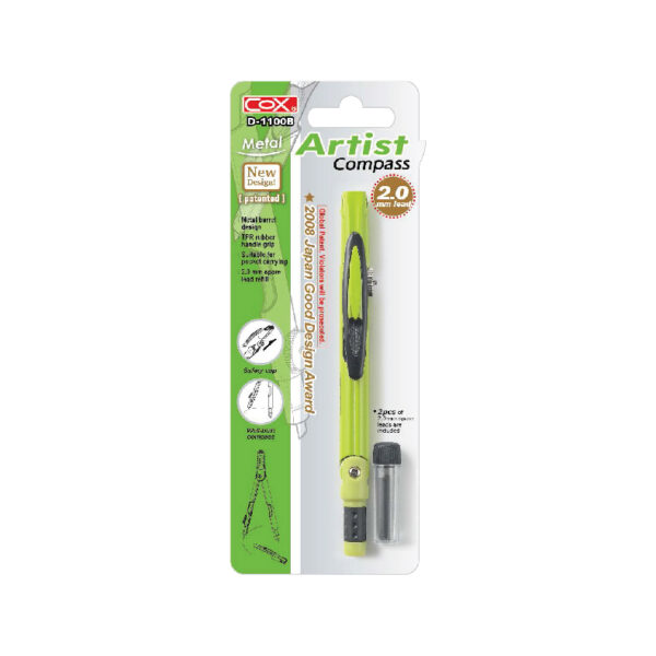 Cox Artist Compass with Metal Barrel 2mm lead, enables precise drawing, Green, D-1100B