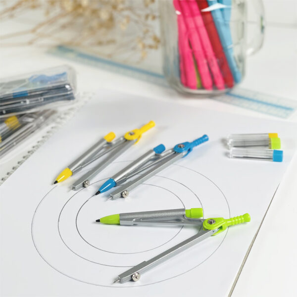 Cox Metal Compass with 0.5mm mechanical pencil and sharp tip, enables precise drawing, Comes in 3 colours,