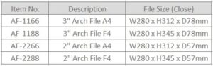 Dimension of Centre Arch Files 2" & 3"